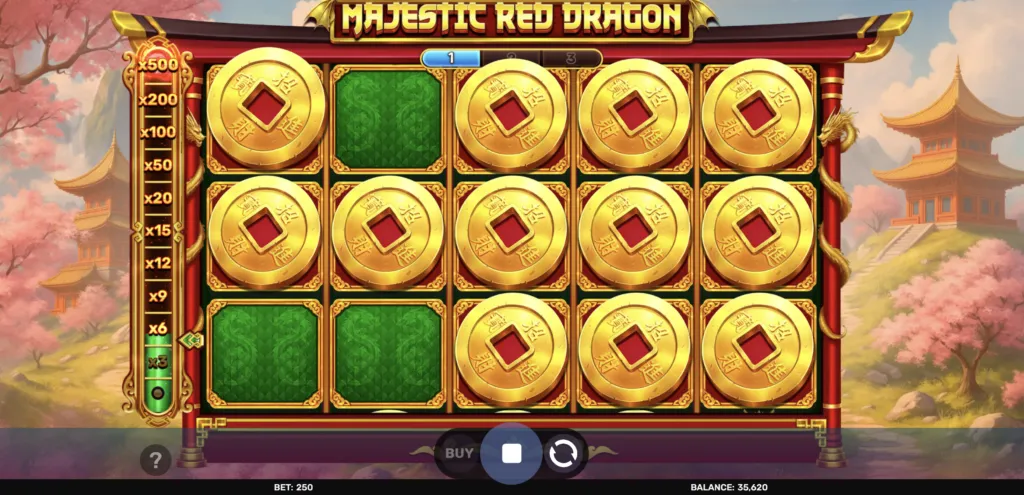 The Majestic Red Dragon Bonus Game: gold coins filling most of fifteen positions, a multiplier ladder at the left and three numbered tabs above