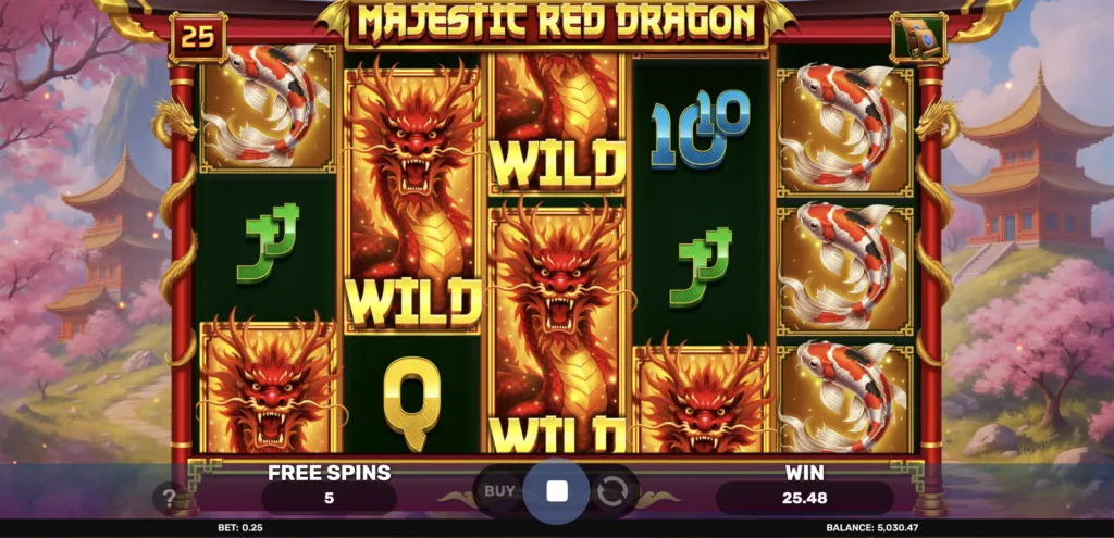 A Majestic Red Dragon free-spin board with two full-height dragon Wilds and koi repeated down the outer reel