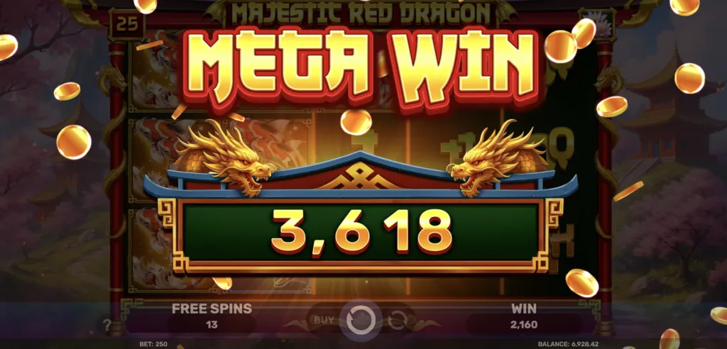 A Majestic Red Dragon result overlay: a gold figure on a dark green panel between two dragon ornaments, with coins falling