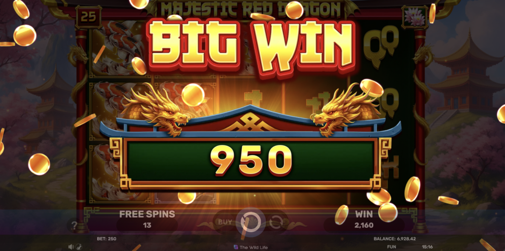 Majestic Red Dragon Big Win presentation over the reels