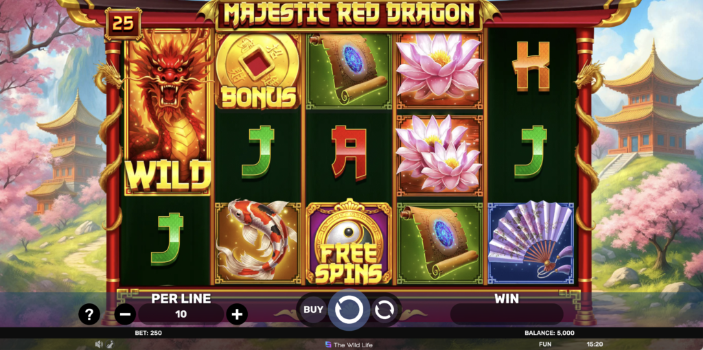Majestic Red Dragon main reels with Wild Bonus and Free Spins symbols