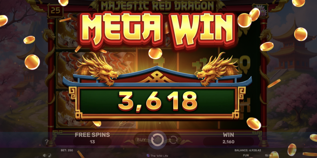 Majestic Red Dragon Mega Win screen with golden coins